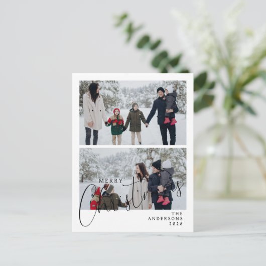 エレガントミニマルクリスマス | 家族モダン2枚の写真 シーズンポストカード (スタンド正面)