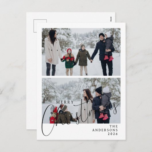 エレガントミニマルクリスマス | 家族モダン2枚の写真 シーズンポストカード (正面/裏面)