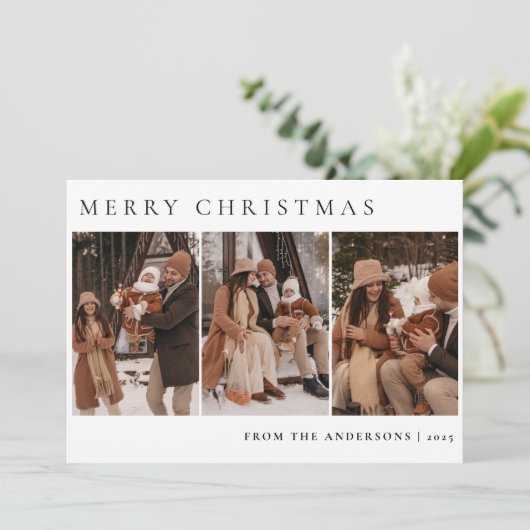 エレガントミニマルクリスマス | 家族モダン3枚の写真 シーズンカード (スタンド正面)