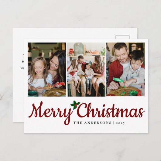 エレガントミニマルクリスマス | 家族モダン3枚の写真 シーズンポストカード (正面/裏面)