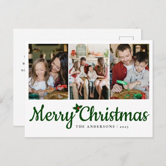 エレガントミニマルクリスマス | 家族モダン3枚の写真 シーズンポストカード (正面/裏面)