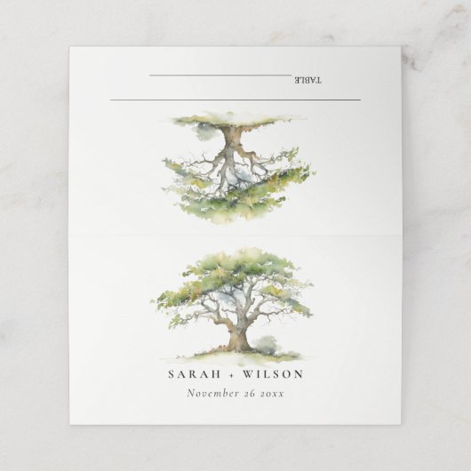 エレガントミニマルグリーンウォーター色オーク結婚ツリー プレイスカード (外部開封)