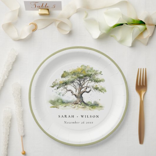 エレガントミニマルグリーンウォーター色オーク結婚ツリー ペーパープレート (ウェディング)