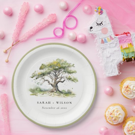 エレガントミニマルグリーンウォーター色オーク結婚ツリー ペーパープレート (パーティー)