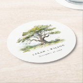 エレガントミニマルグリーンウォーター色オーク結婚ツリー ラウンドペーパーコースター (アングル)