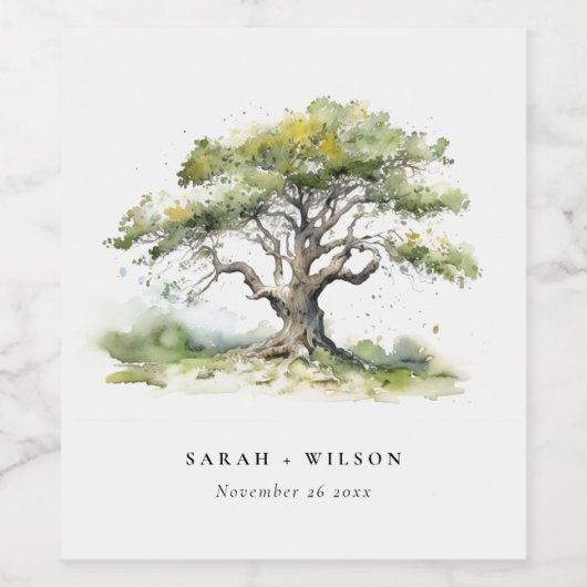 エレガントミニマルグリーンウォーター色オーク結婚ツリー ワインラベル (シングルラベル)