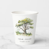 エレガントミニマルグリーンウォーター色オーク結婚ツリー 紙コップ (裏面)