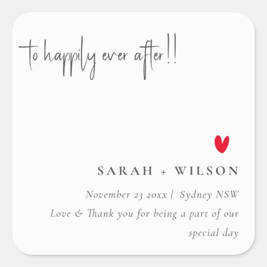 エレガントミニマルシンプル赤いハート結婚スクリプト スクエアシール (正面)