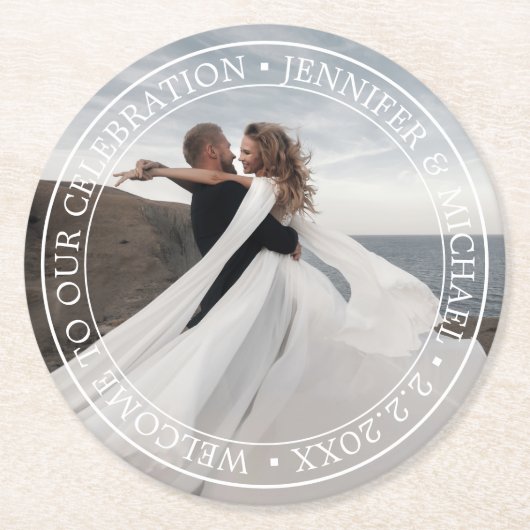 エレガントミニマルタイポグラフィ結婚歓迎の写真 ラウンドペーパーコースター (正面)