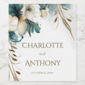 エレガントミニマルフローラティール（緑がかった色）金ゴールド結婚の ワインラベル (シングルラベル)