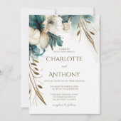エレガントミニマルフローラティール(緑がかった色)金ゴールド結婚の 招待状 (正面)