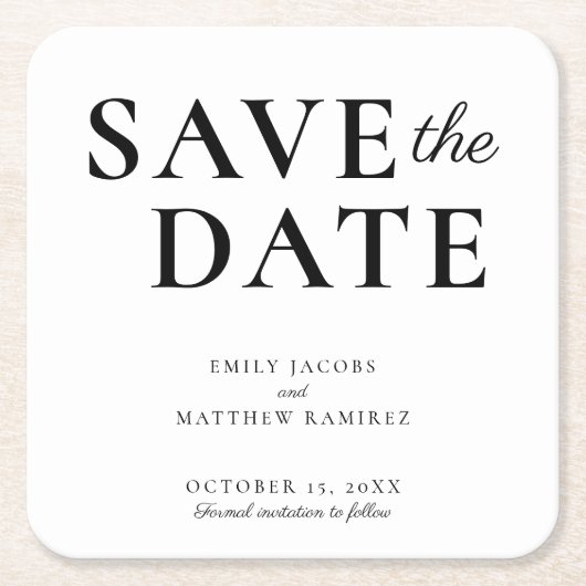 エレガントミニマル伝統的スクリプト白黒 スクエアペーパーコースター (正面)