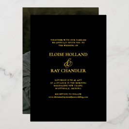 エレガントミニマル書道ブラックフォト結婚ズ 箔招待状