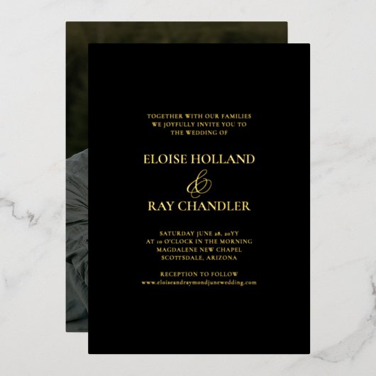 エレガントミニマル書道ブラックフォト結婚ズ 箔招待状 (正面/裏面)