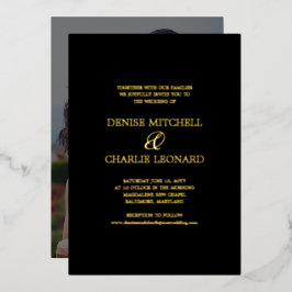 エレガントミニマル書道ブラックフォト結婚ズ 箔招待状