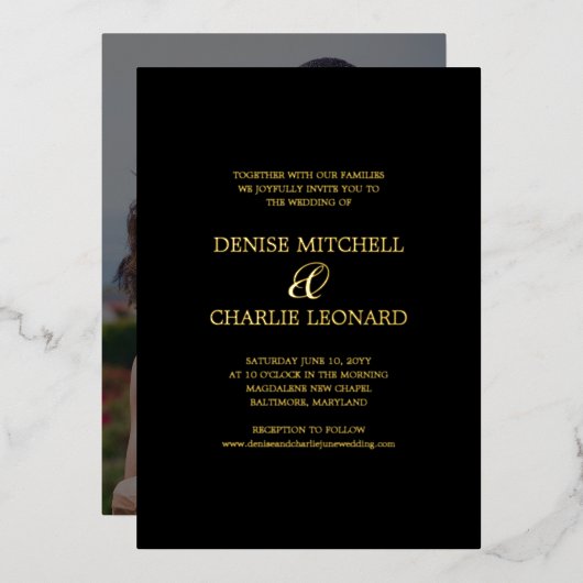 エレガントミニマル書道ブラックフォト結婚ズ 箔招待状 (正面/裏面)