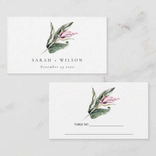 エレガントミニマル熱帯ピンクのフローラ結婚ズ プレイスカード (正面/裏面)