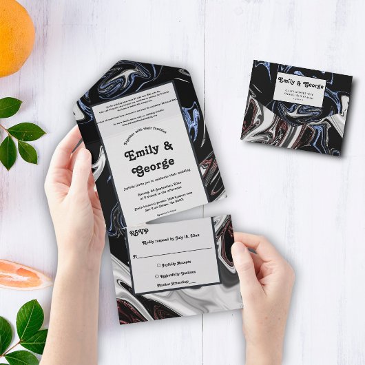 エレガントミニマル白黒ブルー抽象芸術結婚ズ オールインワン招待状