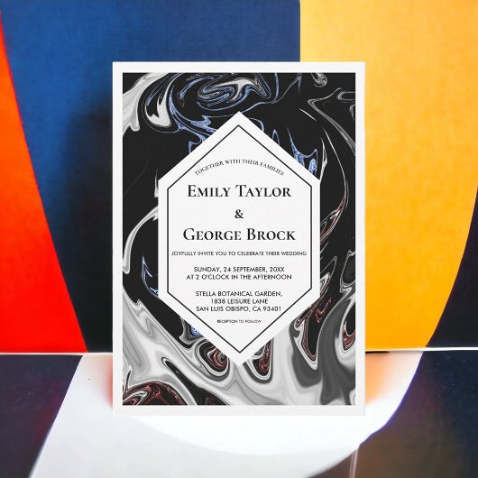 エレガントミニマル白黒ブルー抽象芸術結婚ズ 招待状
