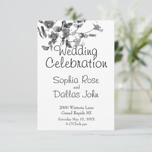 エレガントミニマル白黒野結婚花 招待状 (スタンド正面)