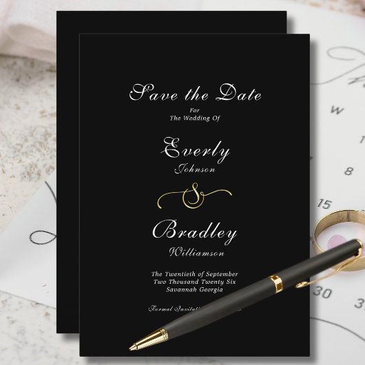 エレガントミニマル白黒・スクリプト日付の保存 招待状