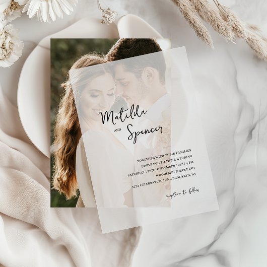 エレガントミニマル結婚スクリプト ベラム紙招待状