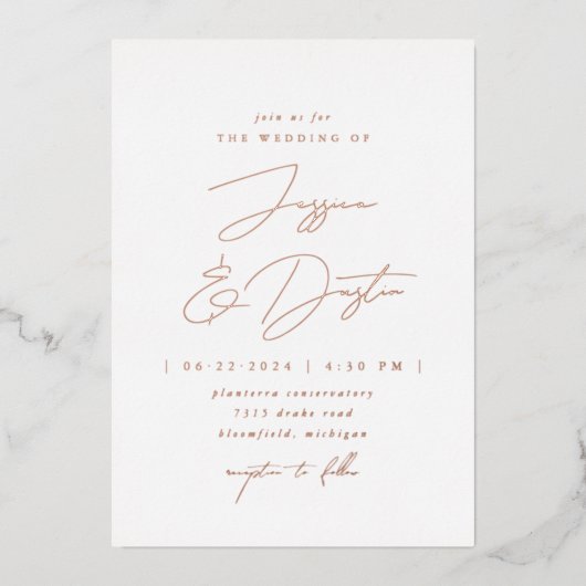 エレガントミニマル結婚スクリプト 箔招待状 (正面)