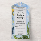 エレガントミニマル緑の黄色の抽象芸術結婚 オールインワン招待状 (内側)