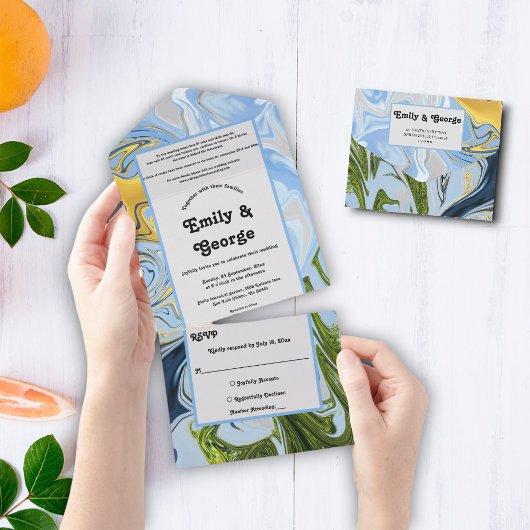 エレガントミニマル緑の黄色の抽象芸術結婚 オールインワン招待状