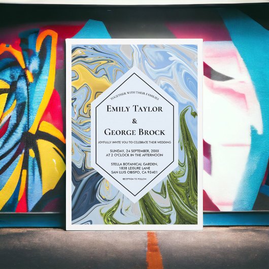 エレガントミニマル緑の黄色の抽象芸術結婚 招待状