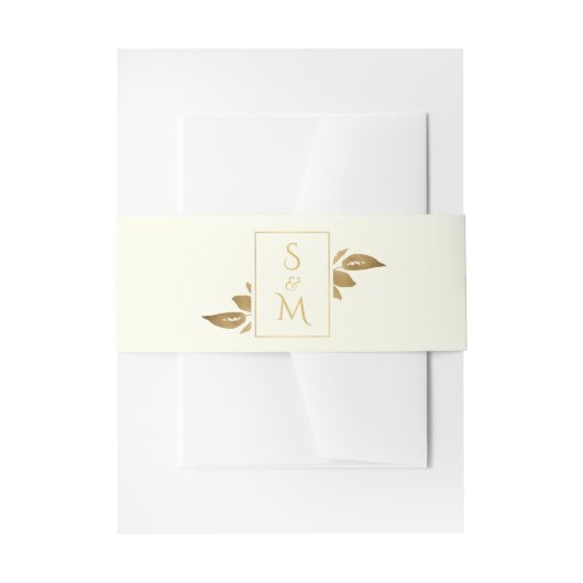 エレガントミニマル葉アイボリー白金ゴールド結婚ズ 招待状ベリーバンド (正面例)