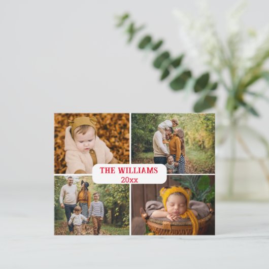 エレガントミニマル赤いスクリプト4写真ホリデー ポストカード (スタンド正面)