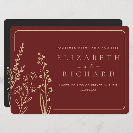 エレガントミニマル金ゴールドブルゴーニュ結婚ー山 招待状 (正面/裏面)