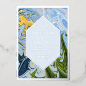 エレガントミニマル青抽象芸術結婚の銀 箔招待状 (正面)