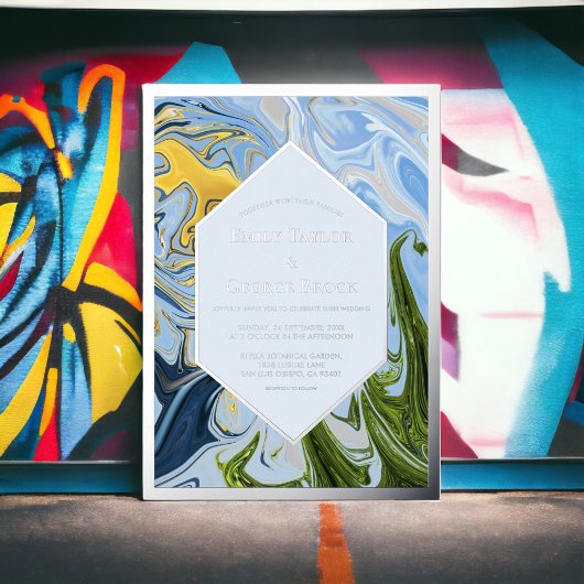 エレガントミニマル青抽象芸術結婚の銀 箔招待状