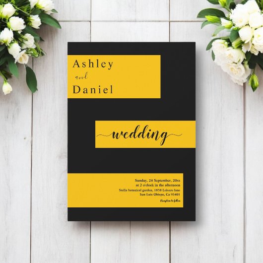 エレガントミニマル黒と金ゴールドモダンシック結婚ズ 招待状