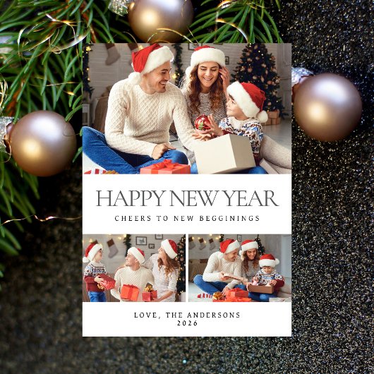 エレガントミニマルHappy New Year Family Photo シーズンカード