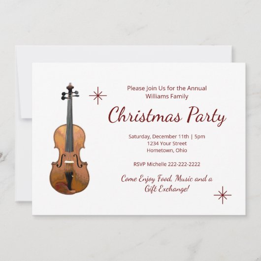 エレガントミュージカルヴァイオリン伝統的クリスマスパーティー 招待状 (正面)