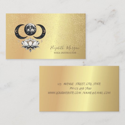 エレガントムーンロータス金ゴールド紙吹雪ヨガ 名刺 (正面/裏面)