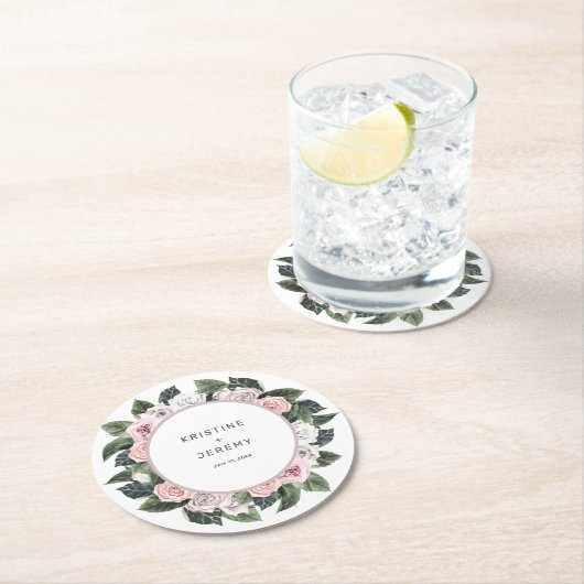 エレガントムーヴピンクフローラウォーター結婚カラー ラウンドペーパーコースター (インサイチュ)