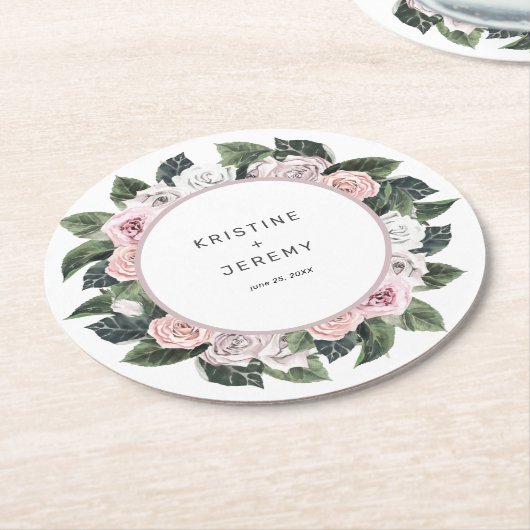 エレガントムーヴピンクフローラウォーター結婚カラー ラウンドペーパーコースター (アングル)