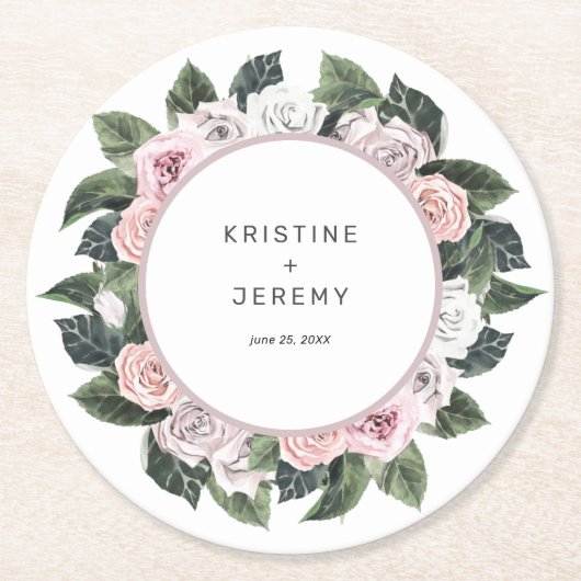 エレガントムーヴピンクフローラウォーター結婚カラー ラウンドペーパーコースター (正面)