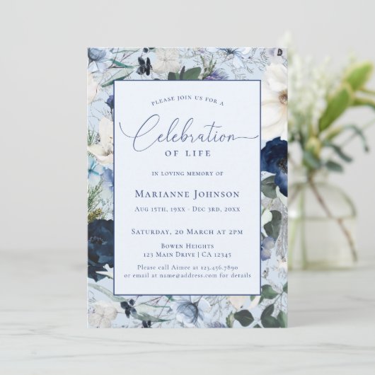 エレガントメモリアルブルーフローラお祝い 招待状 (スタンド正面)