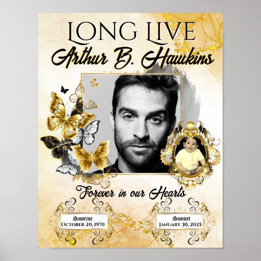 エレガントメモリアル黒と金ゴールド2枚の写真葬儀 ポスター (正面)