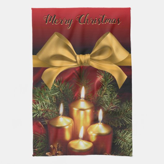 「エレガントメリークリスマス」金ゴールドの弓とロウソク キッチンタオル (縦)