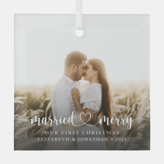 エレガントメリー結婚したとスクリプトの写真 ガラスオーナメント (正面)