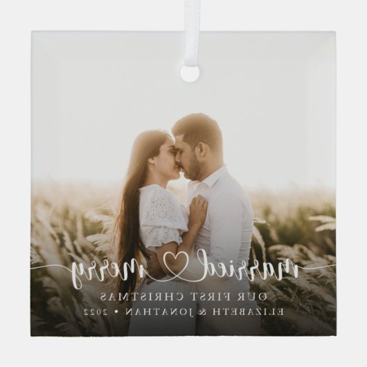 エレガントメリー結婚したとスクリプトの写真 ガラスオーナメント (裏面)