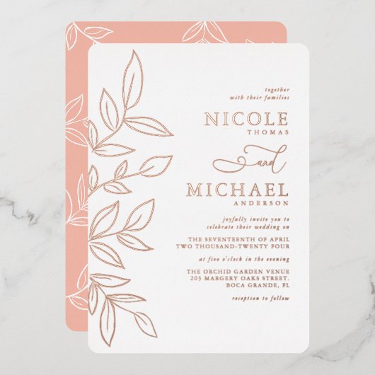 エレガントメロンピミニマルンクバラ金ゴールド結婚リーフ 箔招待状 (正面/裏面)