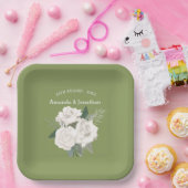 エレガントモスグリーンとホワイト結婚ローズ ペーパープレート (パーティー)