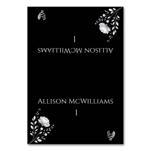 エレガントモダンなウェディングブラックアンドホワイトニワトリ テーブルナンバー (正面)